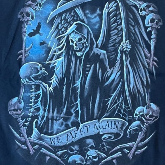 Mens 'We Meet Again' Skull Reaper Black T-Shirt Short Sleeve - Picture 2 of 6